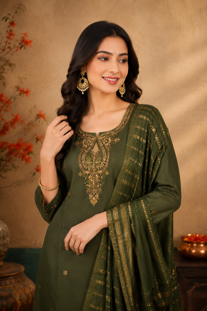 Elegant Olive Green Embroidered Kurti Pant & Dupatta Set