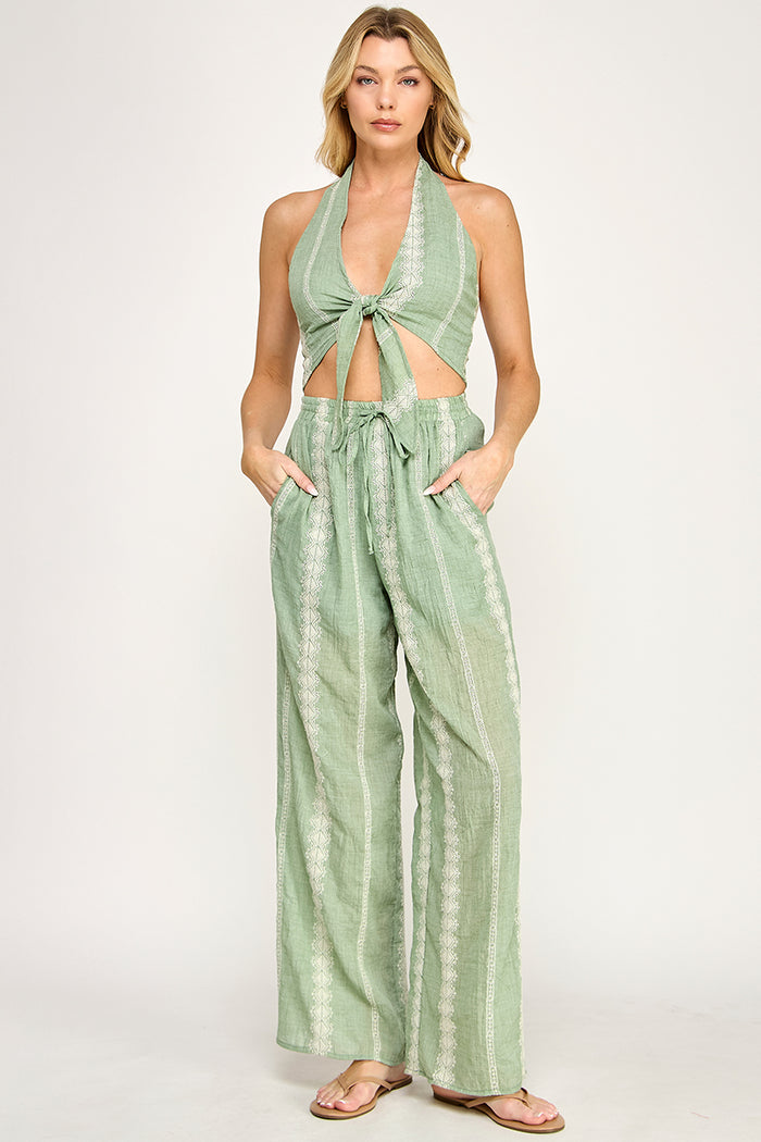 Embroidered Linen Crop Top  Wide Leg Pants Set