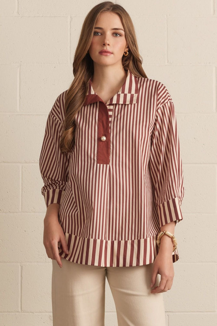 burgundy and cream stripe 3/4 length sleeve top
