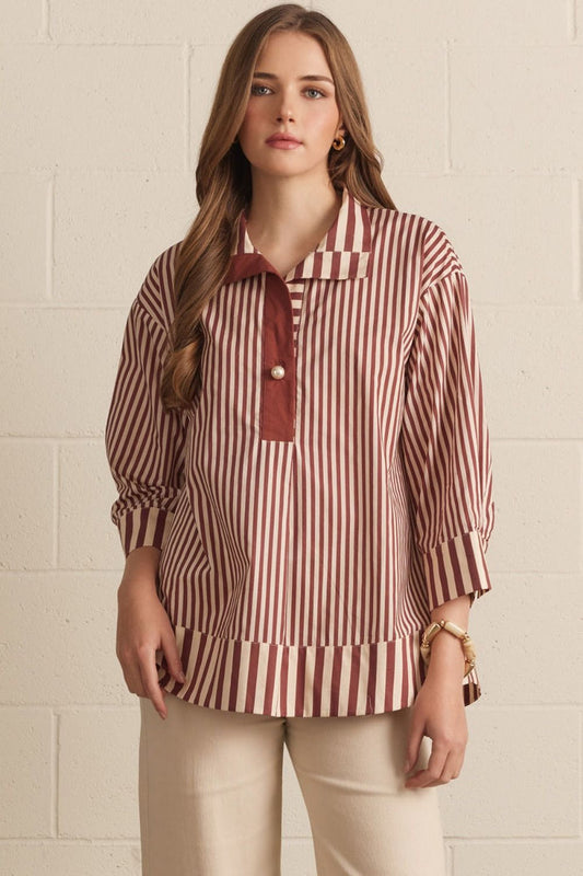burgundy and cream stripe 3/4 length sleeve top