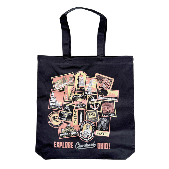 Explore Cleveland tote bag featuring iconic Cleveland landmarks, neighborhoods, and local attractions on a reusable everyday tote