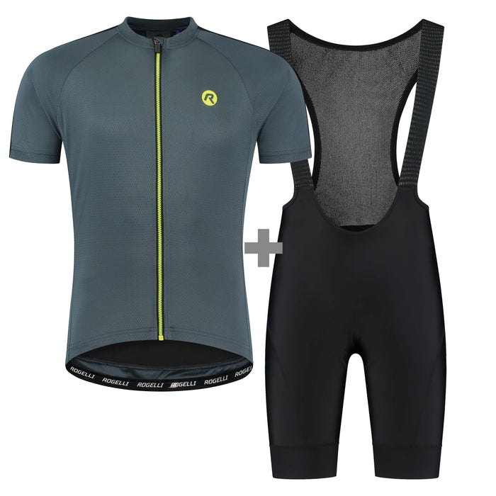 Rogelli heren fietskleding bundel met grijs Explore fietsshirt en zwarte fietsbroek.
