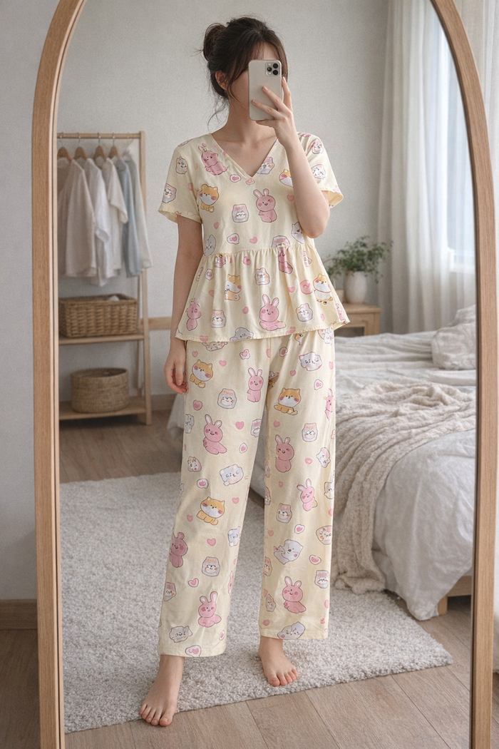 Woman wearing Blush Whispers cream peplum night suit with bunny and bear prints and full-length pants, taking a mirror selfie in a cozy bedroom.