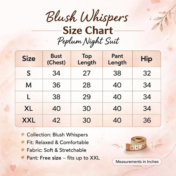 Blush Whispers size chart for peplum night suit showing measurements from S to XXL, including bust, top length, pant length, and hip in inches on a soft pink floral design background.