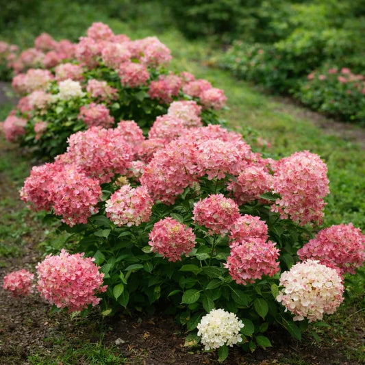 Fire Light Tidbit Hydrangea with white panicle flowers turning bright pink on a compact dwarf shrub
