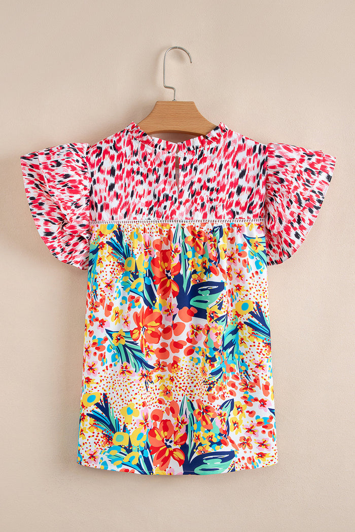 Floral Contrast Print Ruffle Cap Sleeve Blouse - Tops/Blouses & Shirts