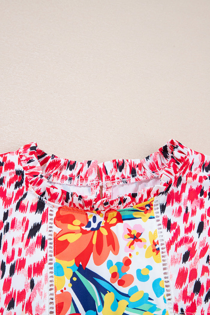 Floral Contrast Print Ruffle Cap Sleeve Blouse - Tops/Blouses & Shirts