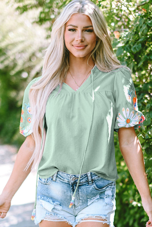 Floral Embroidered Puff Sleeve Split Neck Blouse - Clearly Aqua / S / 58% Viscose + 37% Polyester + 5% Polyamide
