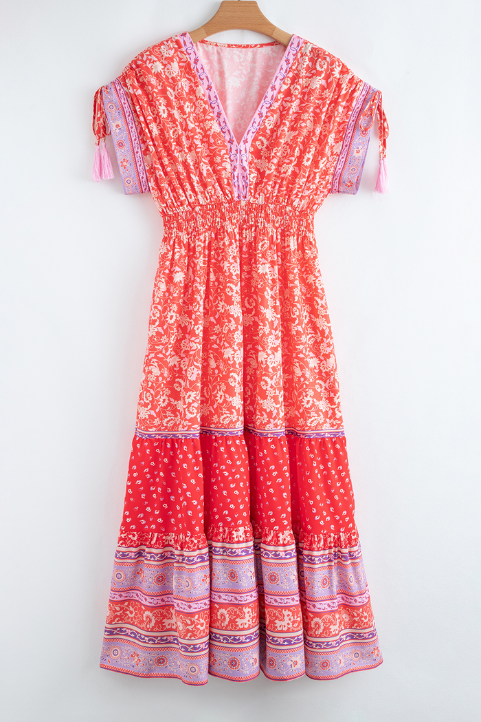 Red Floral Print Tasseled Tied Sleeve Empire Waist Maxi Dress - Dresses/Floral Dresses
