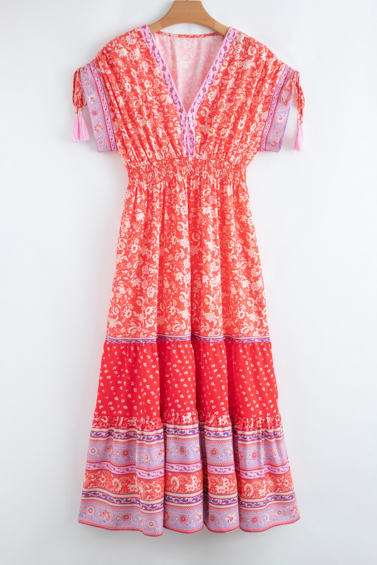 Red Floral Print Tasseled Tied Sleeve Empire Waist Maxi Dress - Dresses/Floral Dresses
