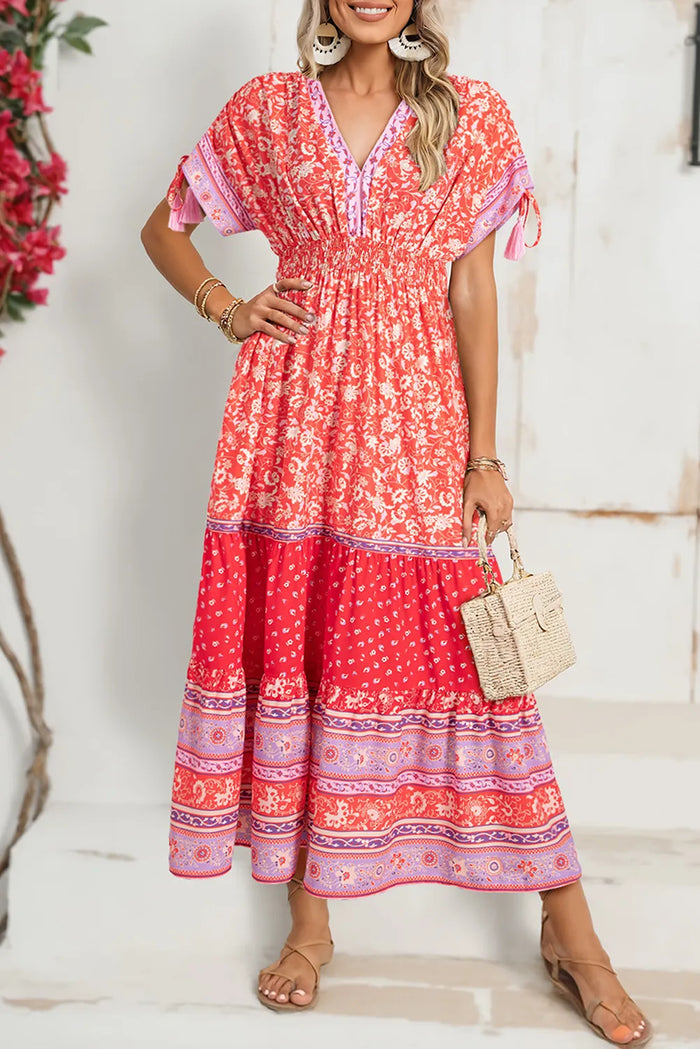 Red Floral Print Tasseled Tied Sleeve Empire Waist Maxi Dress - S / 100% Polyester - Dresses/Floral Dresses