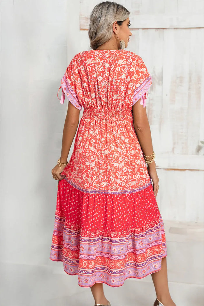 Red Floral Print Tasseled Tied Sleeve Empire Waist Maxi Dress - Dresses/Floral Dresses