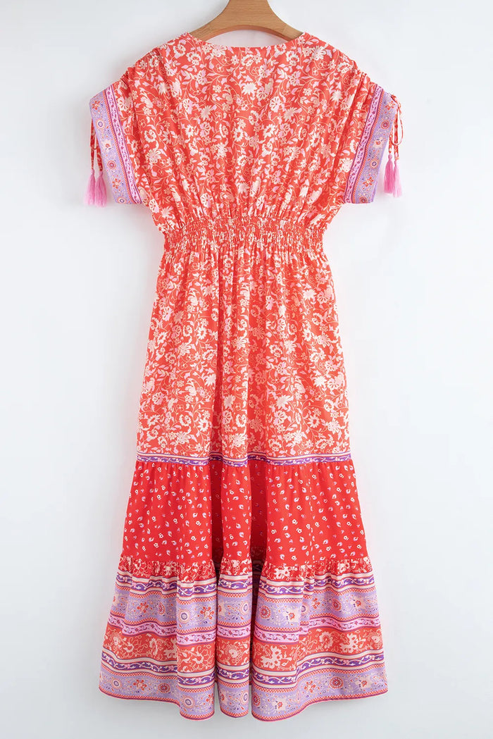 Red Floral Print Tasseled Tied Sleeve Empire Waist Maxi Dress - Dresses/Floral Dresses