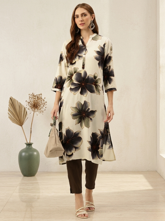 Floral Printed Mandarin Collar Kurta