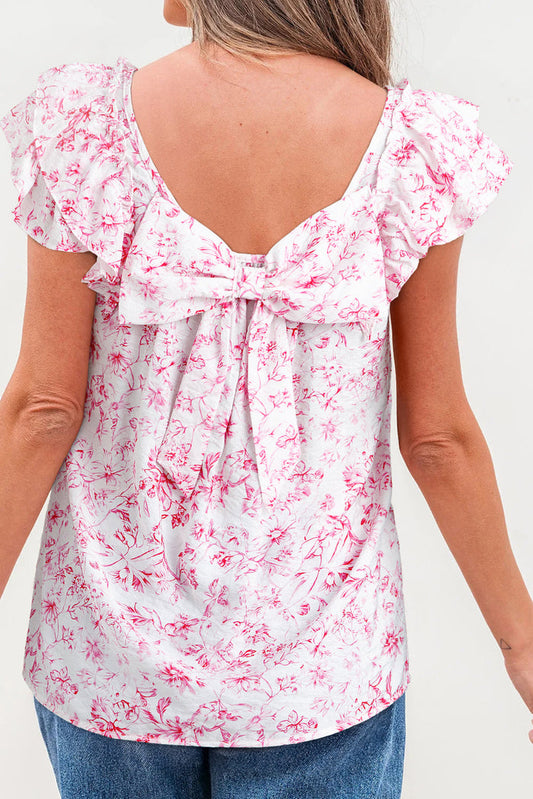 Floral Ruffled Short Sleeve Bow Back Square Neck Blouse - Pink / S / 80% Viscose + 20% Polyamide - Tops/Blouses & Shirts