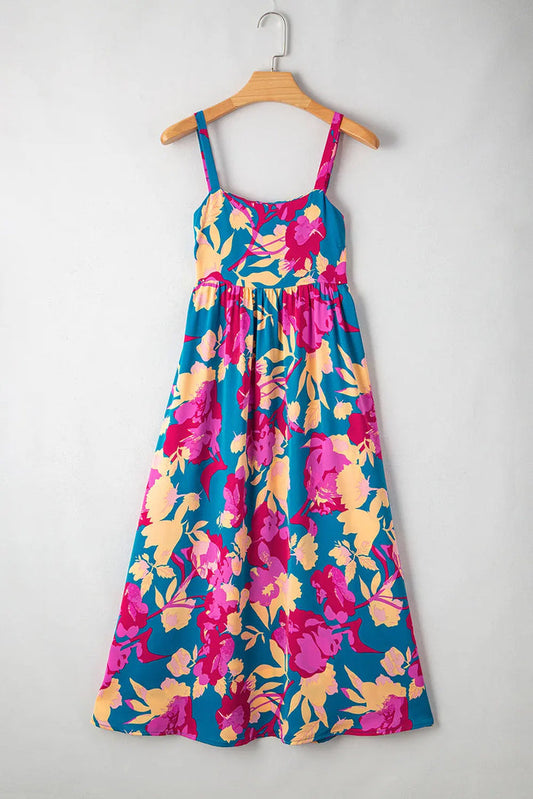 Dark Blue Floral High Waist Sleeveless Flared Long Dress - Dresses/Floral Dresses