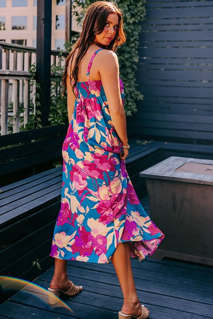 Dark Blue Floral High Waist Sleeveless Flared Long Dress - Dresses/Floral Dresses