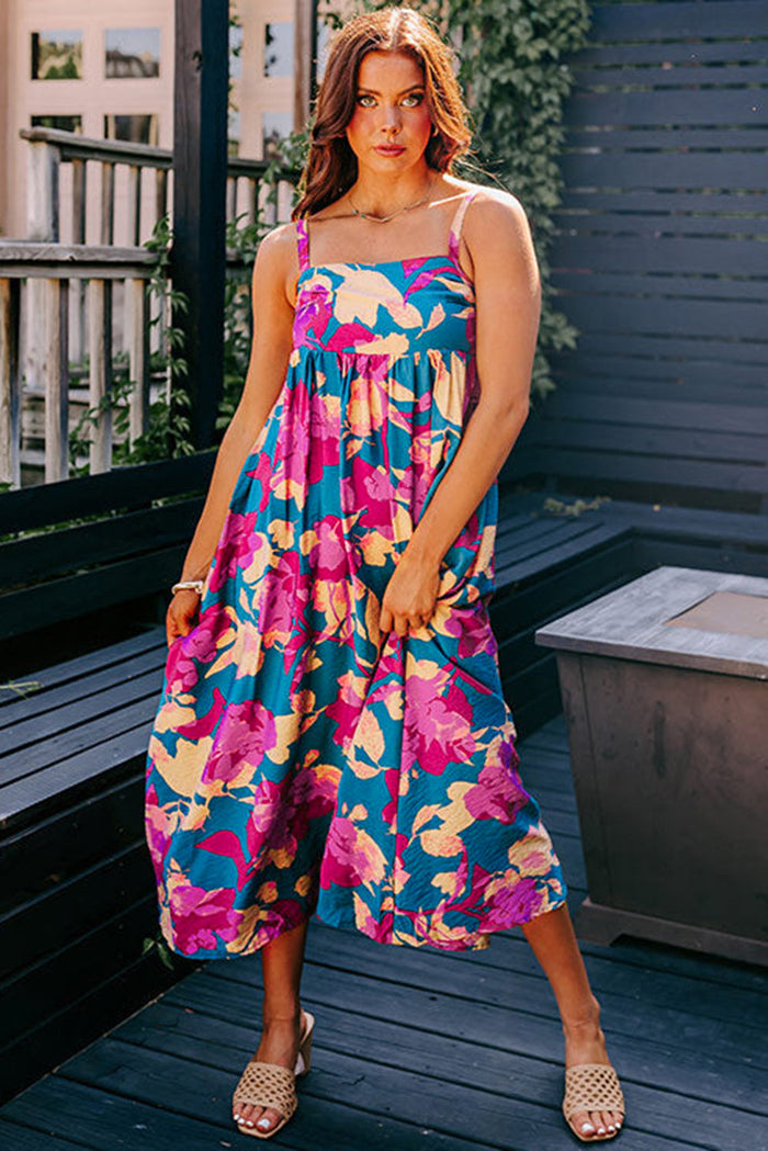 Dark Blue Floral High Waist Sleeveless Flared Long Dress - Dresses/Floral Dresses