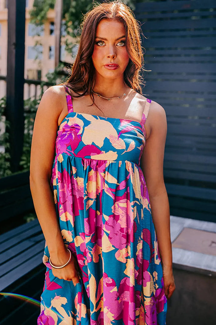 Dark Blue Floral High Waist Sleeveless Flared Long Dress - Dresses/Floral Dresses