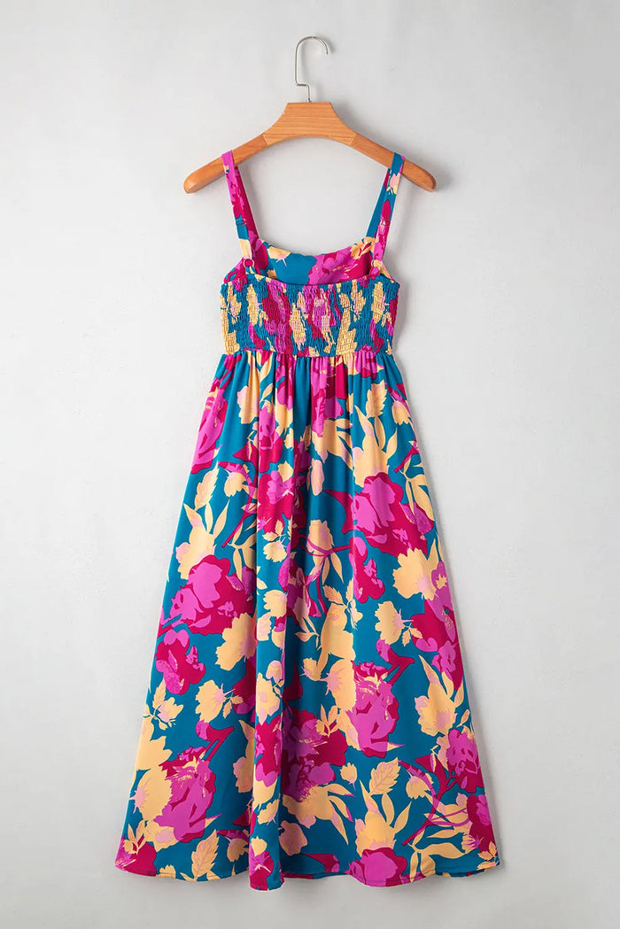 Dark Blue Floral High Waist Sleeveless Flared Long Dress - Dresses/Floral Dresses