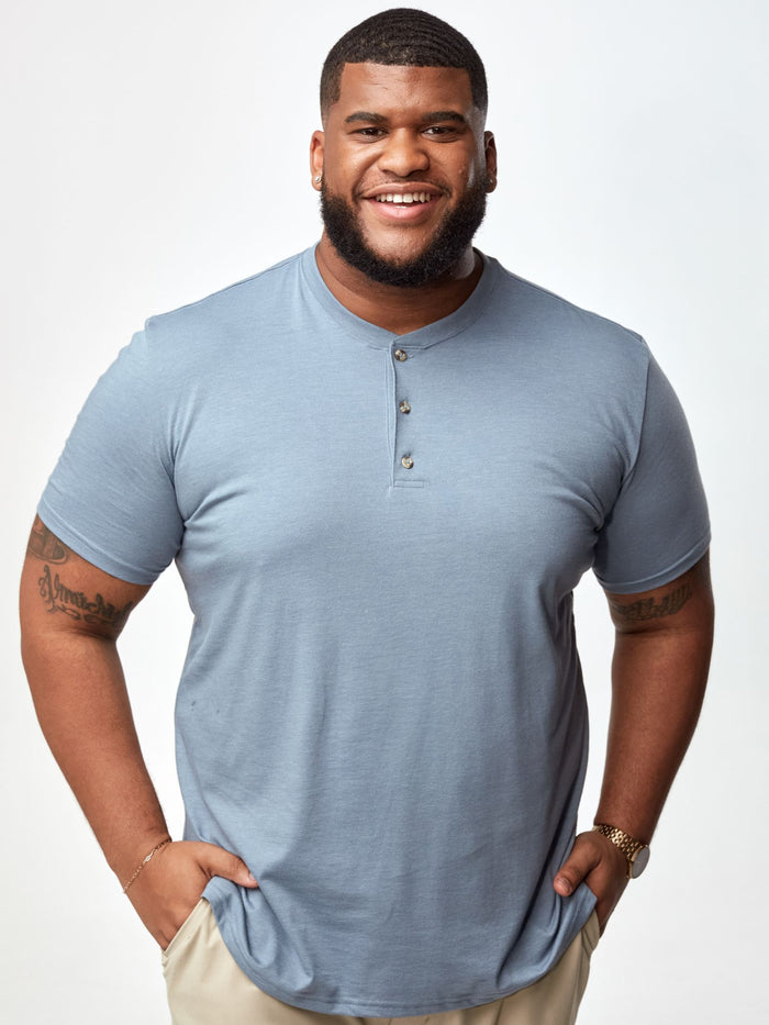 Steven is 6', 275lbs and wears a size 3xl # Wedgewood blue Short Sleeve Henley Shirts for Men