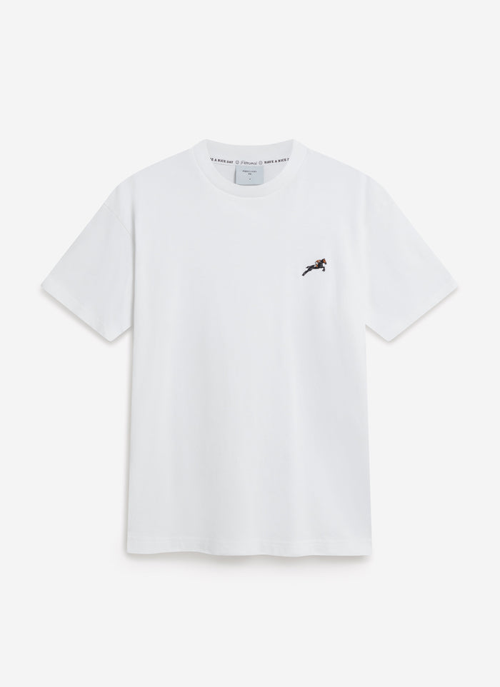 A flat lay of the Percival Galloping Horse Embroidered T-shirt in white, showing the detailed embroidery on the chest.