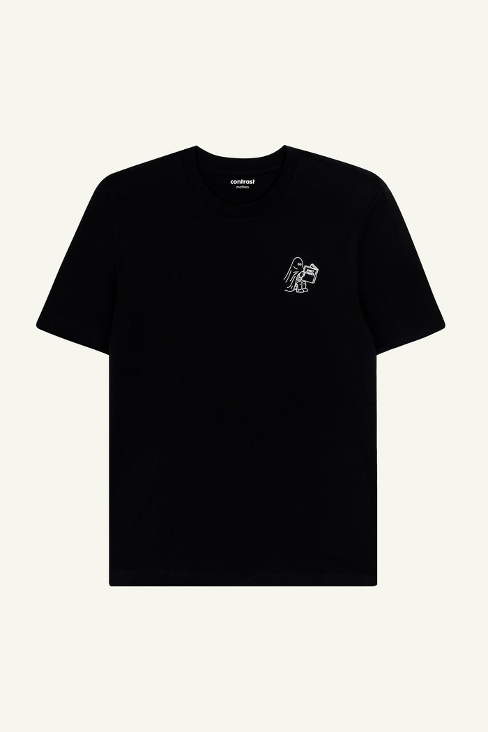 Contrast Ghost Stories graphic t-shirt in Black, organic cotton designer graphic tee with spooky illustration.