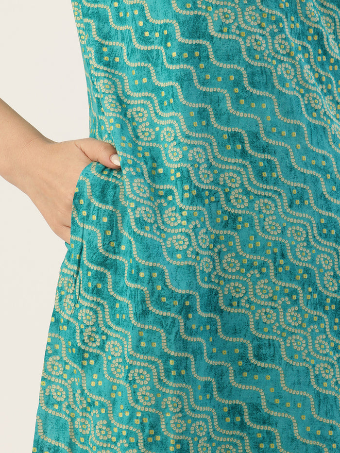 Green Bandhani Printed Straight Kurta