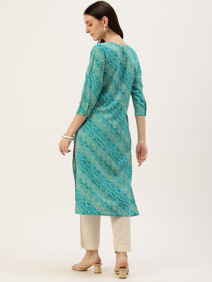 Green Bandhani Printed Straight Kurta