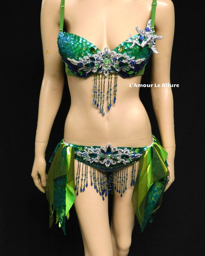 Green Blue and Silver Sequin Scale Mermaid Bra and Skirt