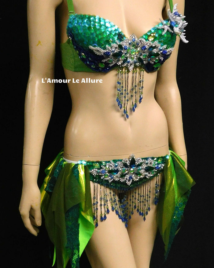 Green Blue and Silver Sequin Scale Mermaid Bra and Skirt