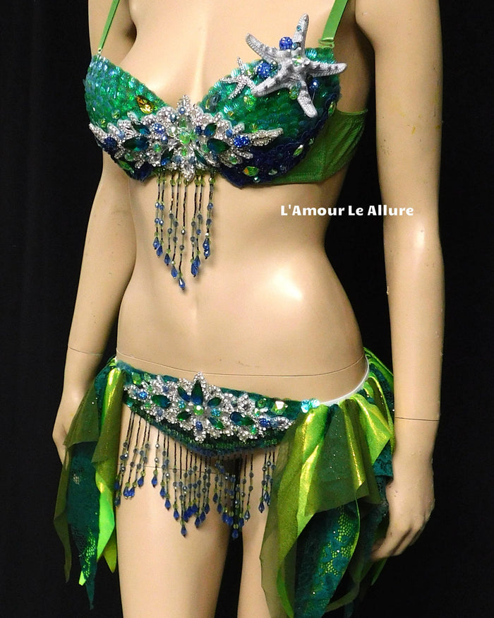 Green Blue and Silver Sequin Scale Mermaid Bra and Skirt