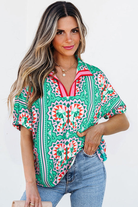 Green Boho Abstract Print Contrast Striped Collared V Neck Blouse - Sea / S / 100% Polyester - Tops/Blouses & Shirts