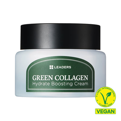 Jar of Green Collagen Firming Hydrate Boosting Cream | Leaders with a green label and black lid, featuring a vegan certification logo, skincare product for hydration and firming.