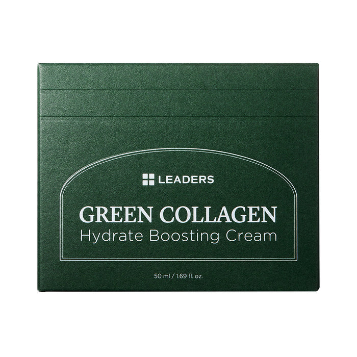 Green Collagen Firming Hydrate Boosting Cream | Leaders in dark green packaging emphasizing skincare hydration and firming benefits.