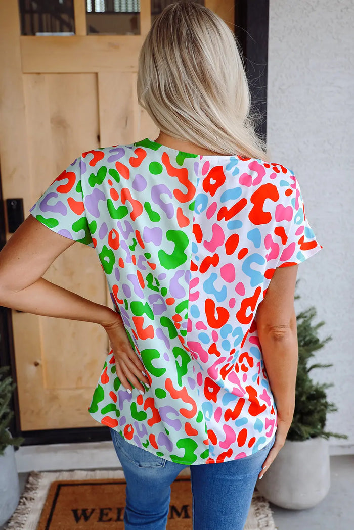 Green Contrast Leopard Print V Neck Short Sleeve Blouse - Tops/Blouses & Shirts