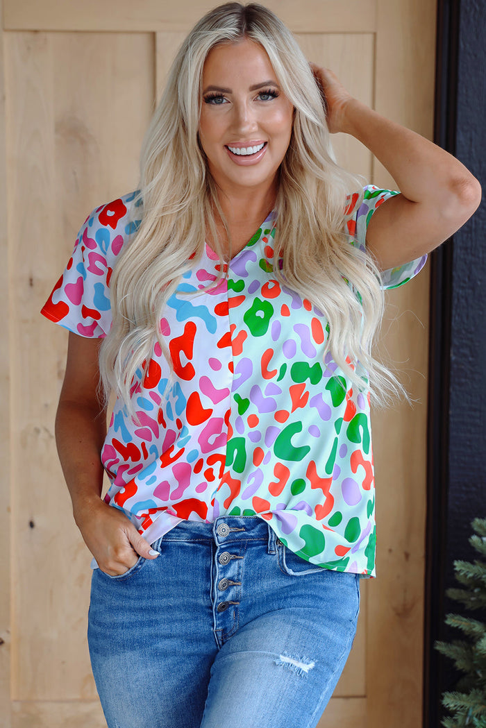 Green Contrast Leopard Print V Neck Short Sleeve Blouse - Tops/Blouses & Shirts