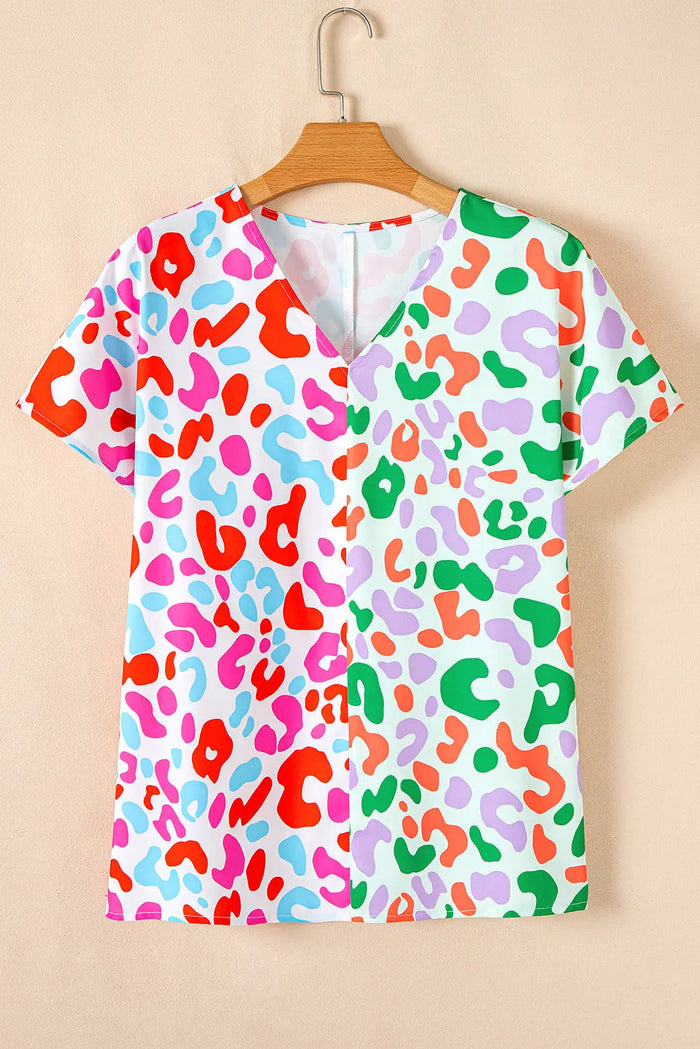 Green Contrast Leopard Print V Neck Short Sleeve Blouse - Tops/Blouses & Shirts