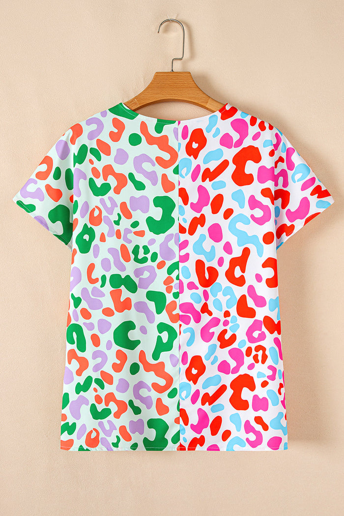 Green Contrast Leopard Print V Neck Short Sleeve Blouse - Tops/Blouses & Shirts