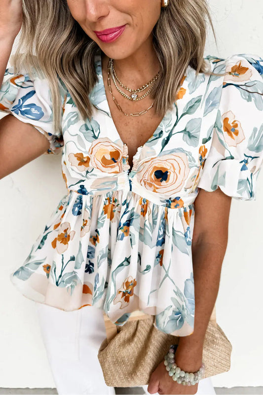 Green Floral Print Puff Sleeve V Neck Babydoll Blouse - S / 97% Polyester + 3% Elastane - Tops/Blouses & Shirts