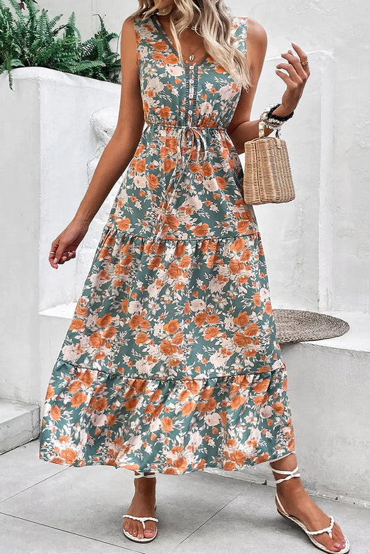 Green Floral Print Trimmed V Neck Tie Waist Sleeveless Holiday Long Dress - S / 100% Polyester - Dresses/Maxi Dresses