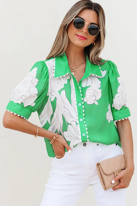 Green Floral Ric Rac Edge Puff Short Sleeve Shirt - S / 100% Polyester - Tops/Blouses & Shirts