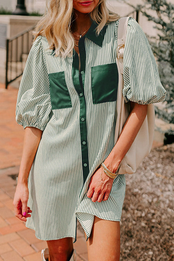 Green Patch Pockets Button Down Short Puff Sleeve Dress - GREEN / S / 50% POLYESTER + 50% COTTON - Dresses/Mini Dresses