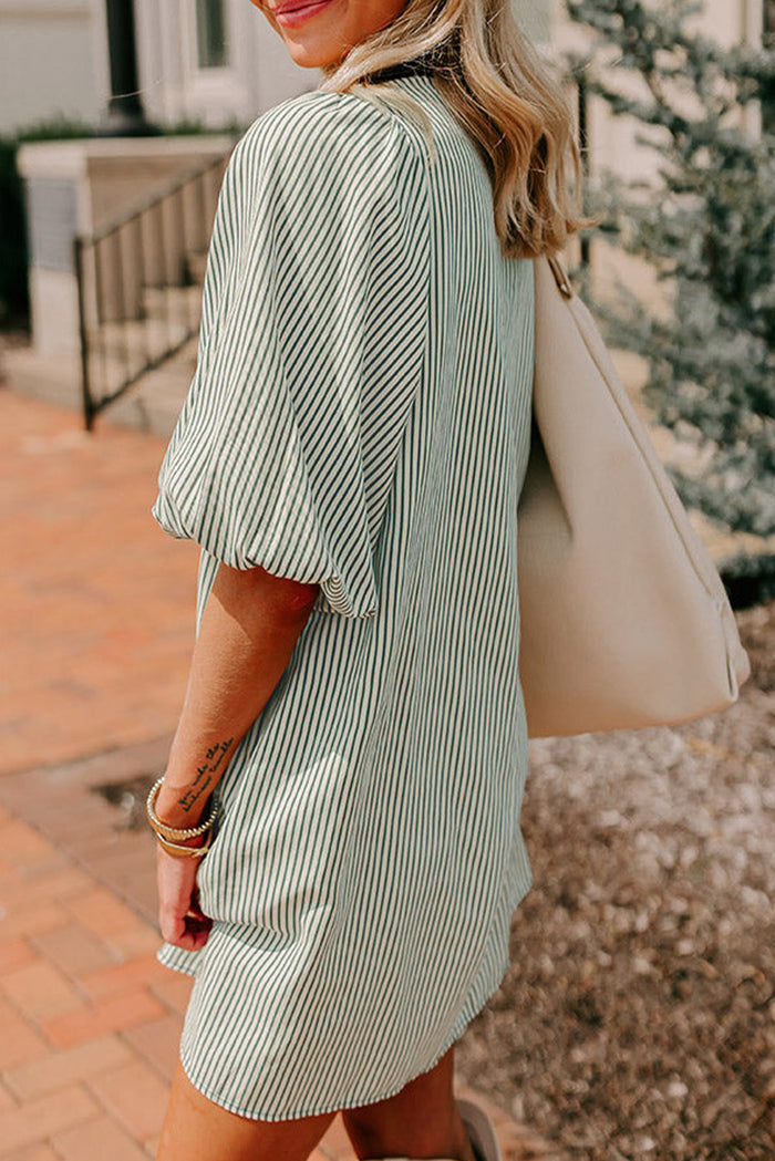 Green Patch Pockets Button Down Short Puff Sleeve Dress - Dresses/Mini Dresses