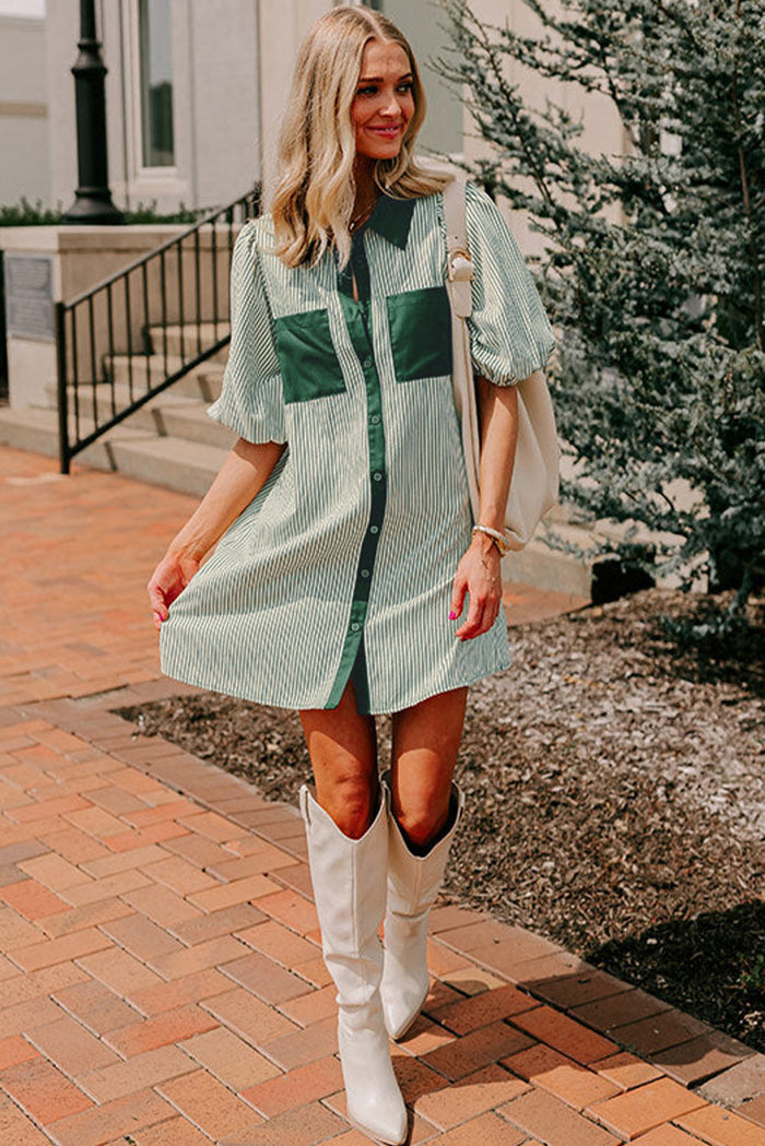 Green Patch Pockets Button Down Short Puff Sleeve Dress - Dresses/Mini Dresses