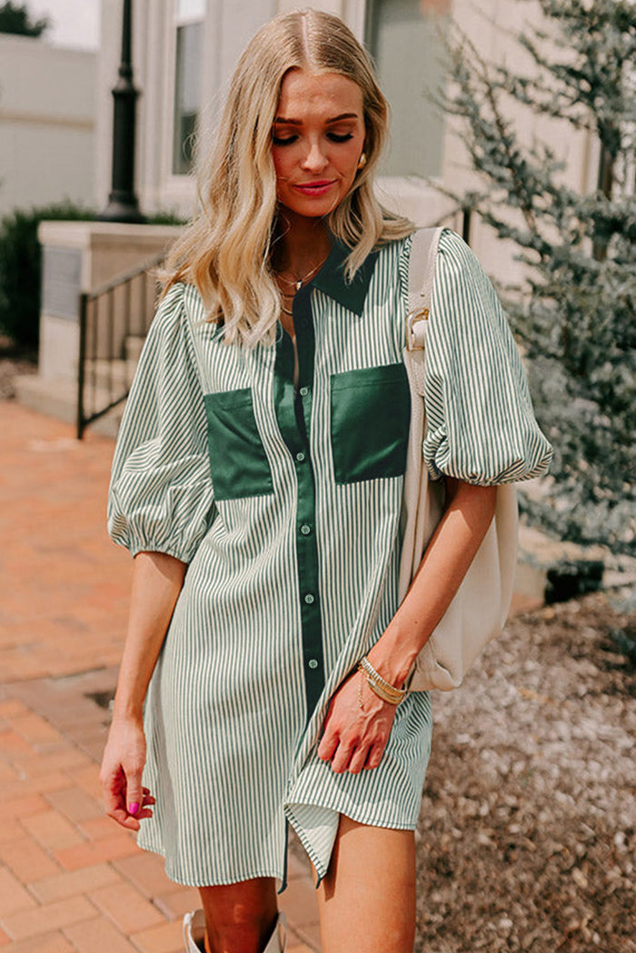 Green Patch Pockets Button Down Short Puff Sleeve Dress - Dresses/Mini Dresses
