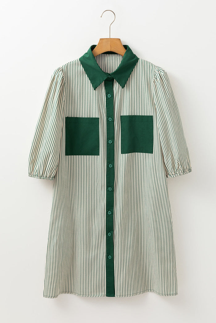Green Patch Pockets Button Down Short Puff Sleeve Dress - Dresses/Mini Dresses