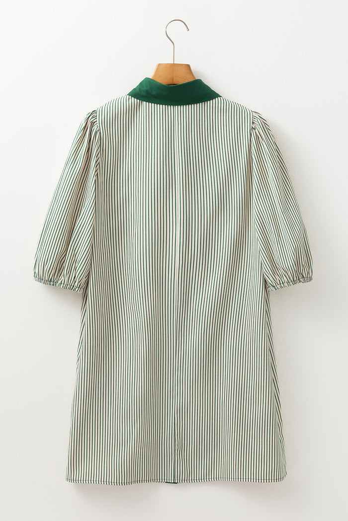 Green Patch Pockets Button Down Short Puff Sleeve Dress - Dresses/Mini Dresses
