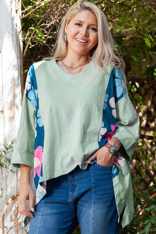 Green Plus Size Flower Patchwork High Low Top - GREEN / 1X / 100% COTTON - Size/Plus Tops/Plus Long Sleeve Tops