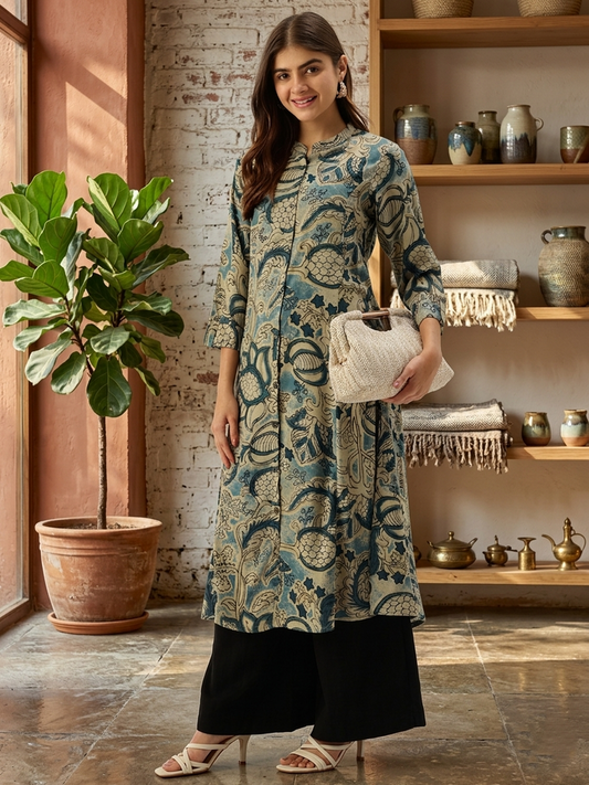 Grey Band Collar Printed A - Line Kurta